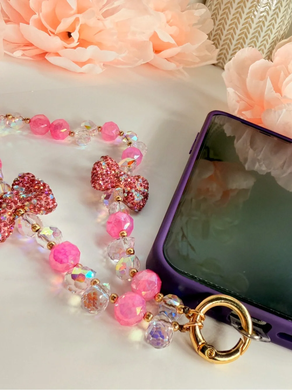 Emma Pink Beaded crystal Bow phone Keychain